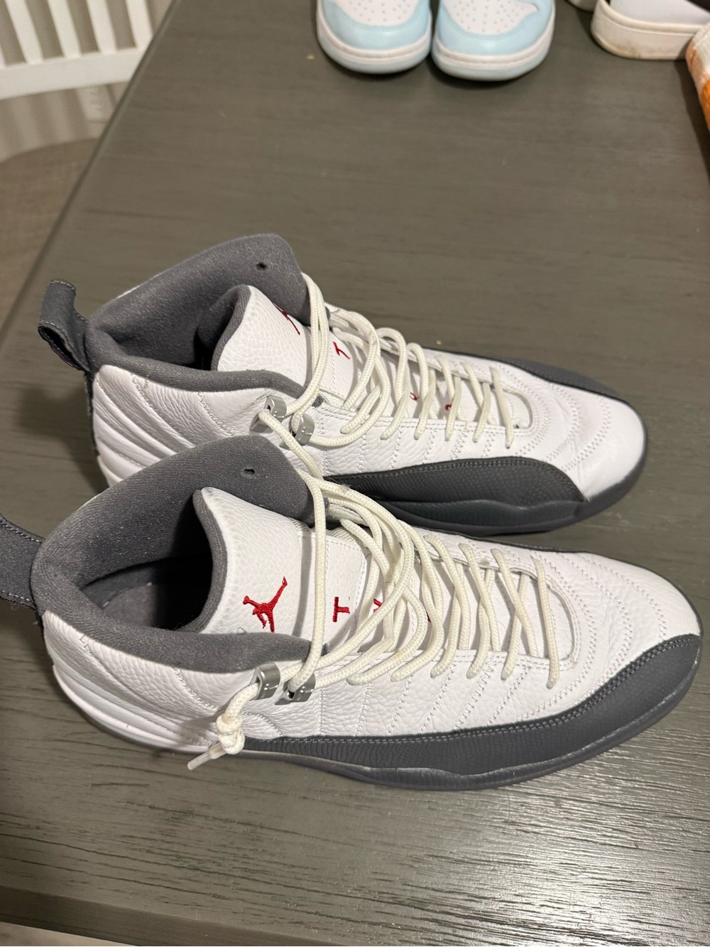 Jordan 12 Retro Style Men's Basketball Shoes - White/Gray with Red Logo